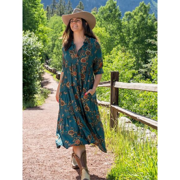 Natural Life Rebecca Midi Dress size XL Green  Teal Orange Clusters - Picture 3 of 12